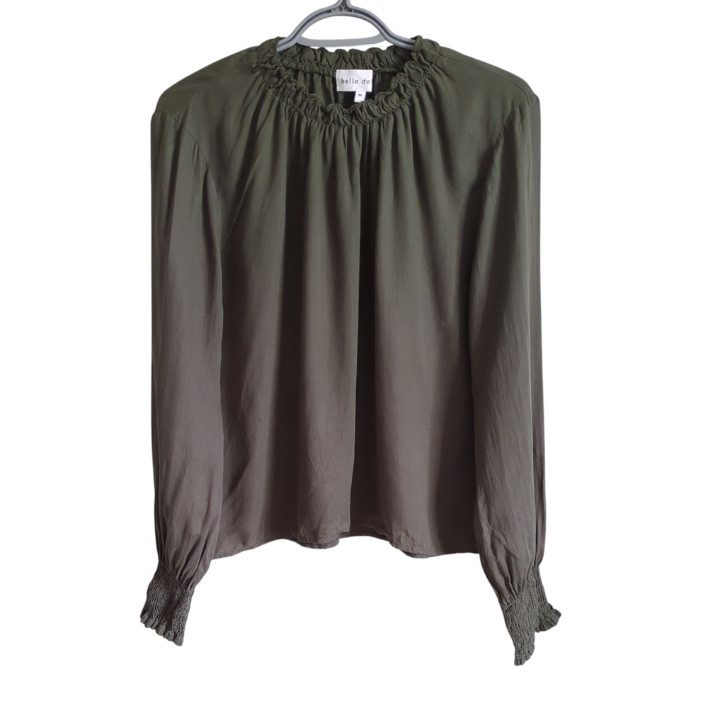 Bella Dahl‎ Elastic Shirred Blouse Olive Green Size Medium Tencel
